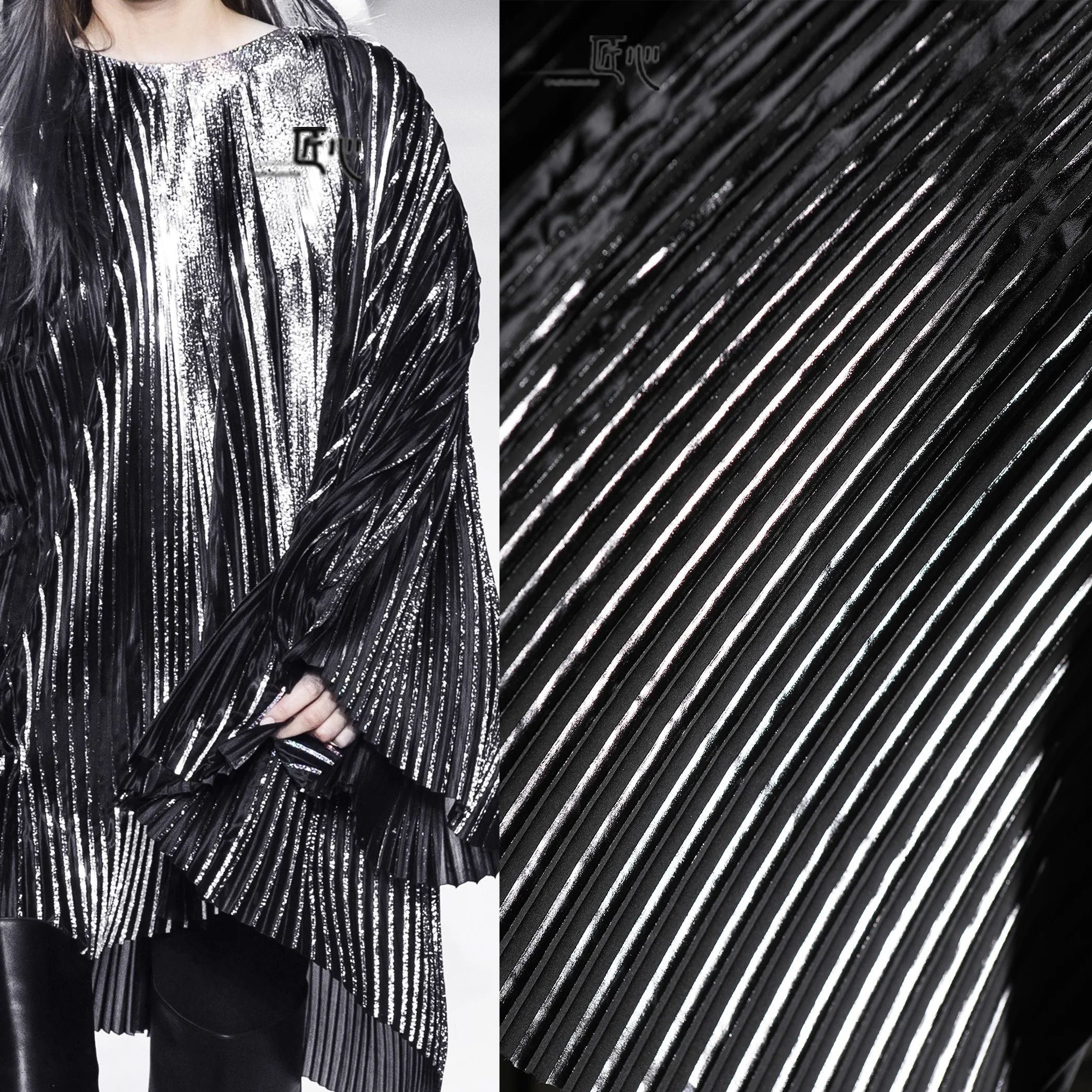 

Серебристая тисненая полосатая прессованная ткань с кожаным покрытием Серебристая плиссированная текстурированная плиссированная бюстье платья дизайнерские ткани