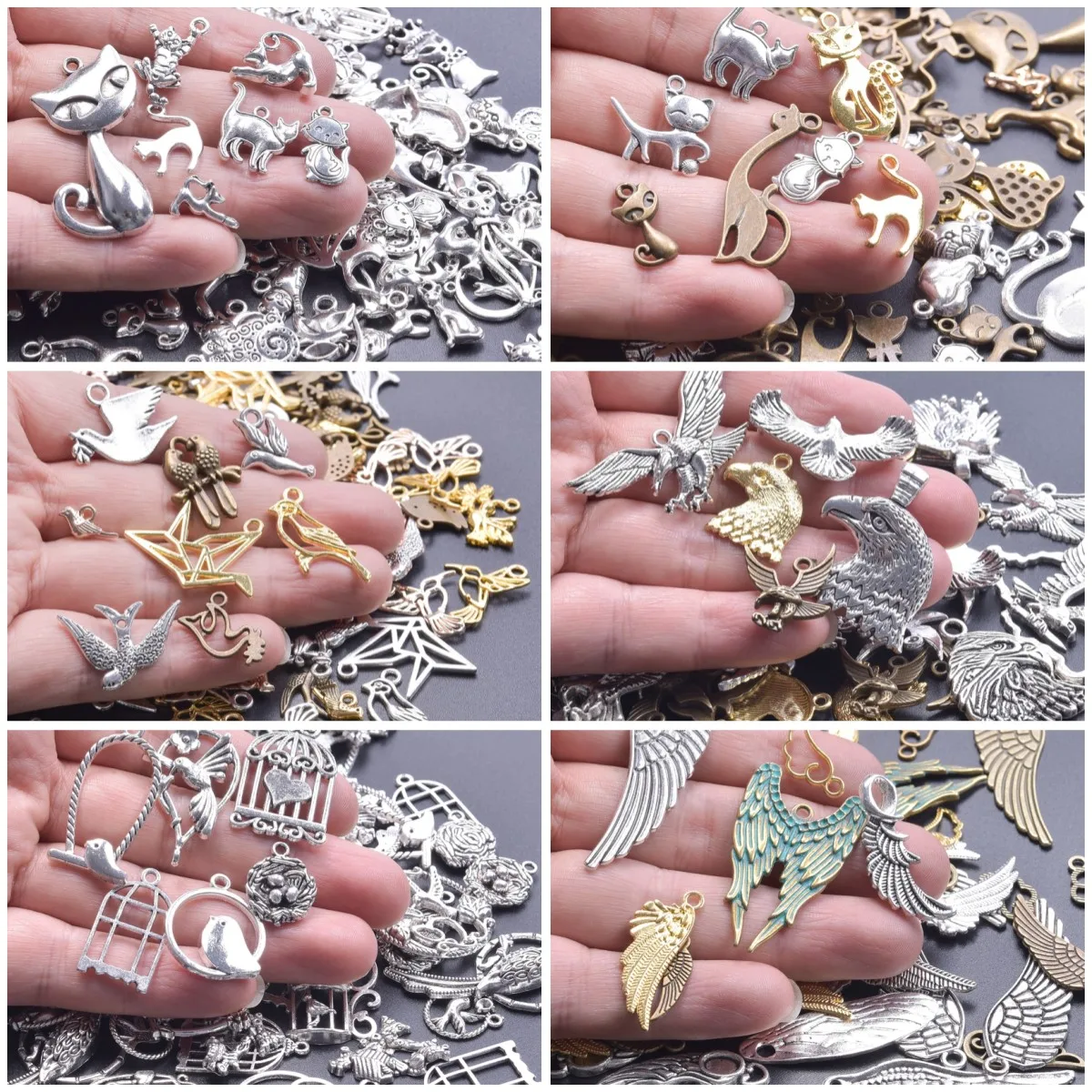

10pcs Cute Cat Bird Eagle Charms Birdcage Wing Silver Color Alloy Pendants Fit Necklace Bracelet For Jewelry Making Supplies