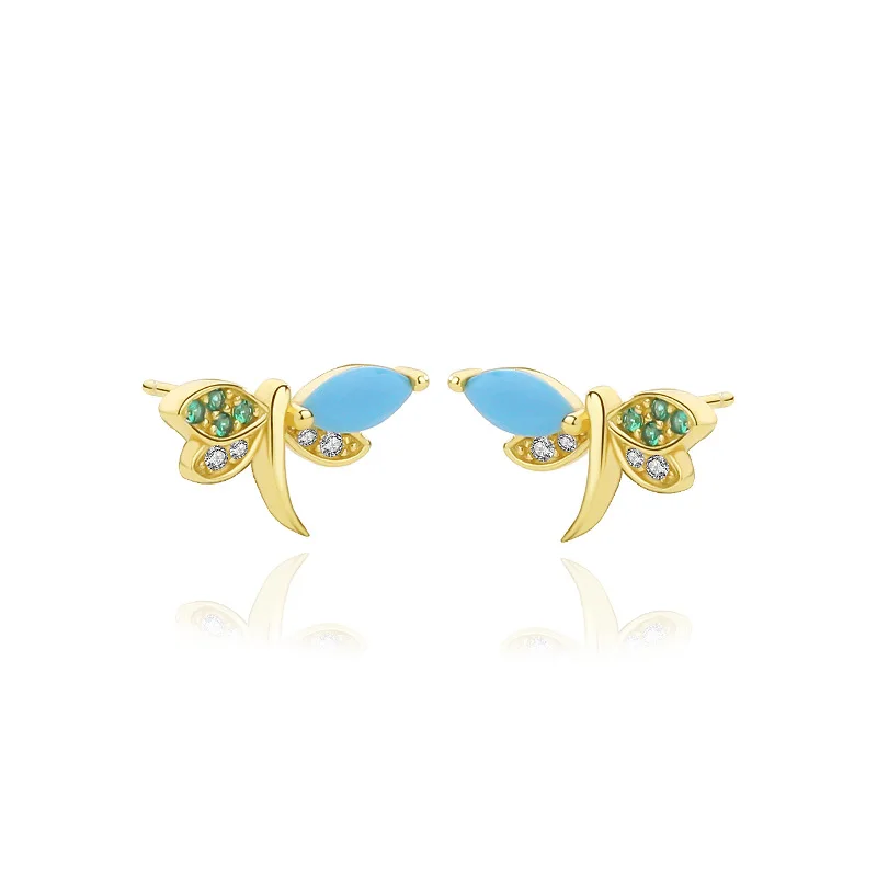 

New Women's 925 Pure Silver Ear Studs Champagne Gold Dragonfly Inlaid Turquoise Green Zircon Earclip Fashion Jewelry Couple Gift