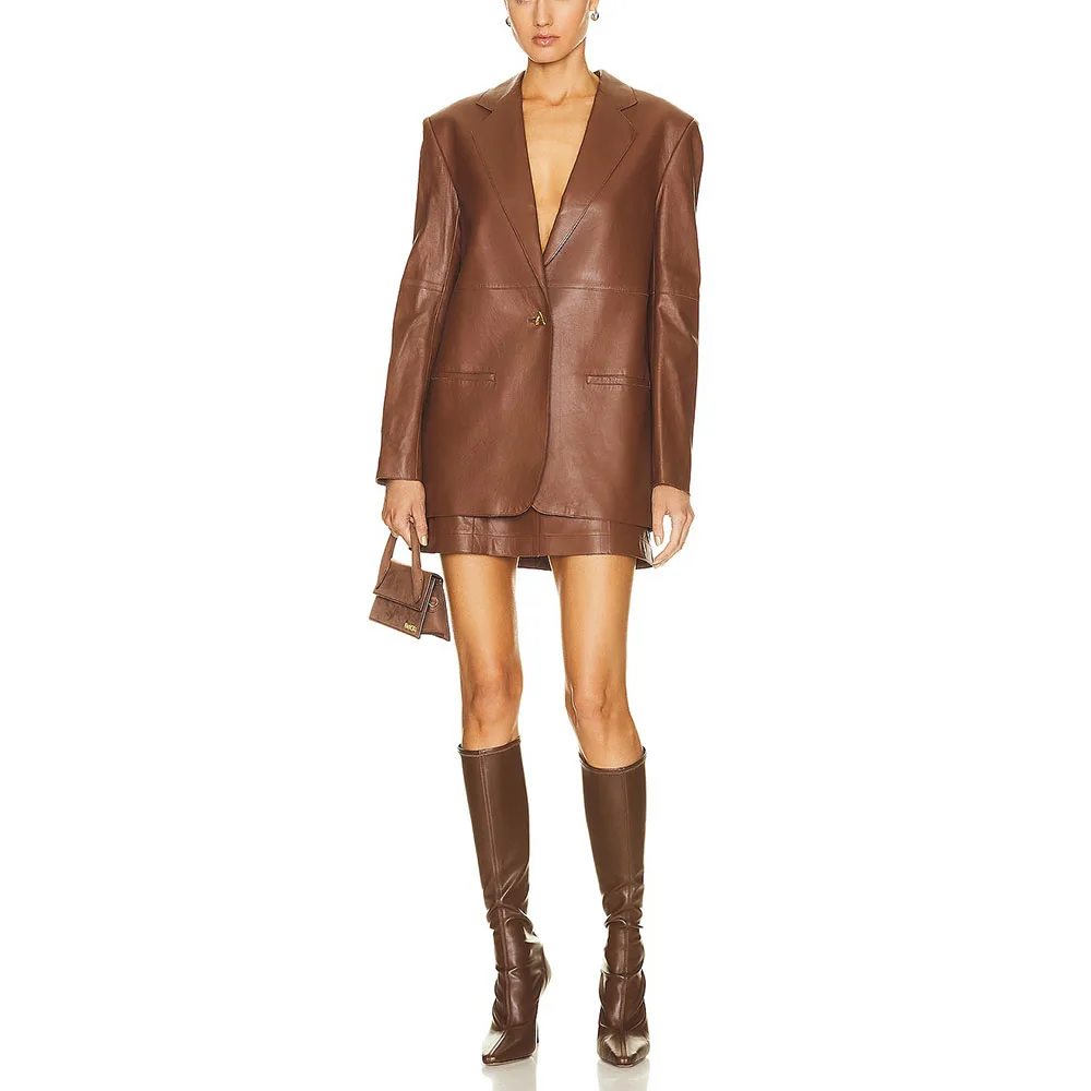 

2023 Fall New Women's Jacket Y2k Curry Triangle Button Eco Leather Split Splicing Suit Simple Temperament Loose Peplum Coat Top