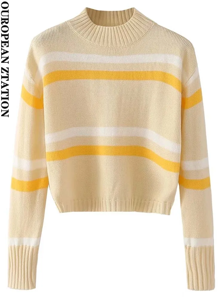 

PAILETE Women 2022 fashion colorful stripes crop knit sweater vintage o neck long sleeve female pullovers chic tops