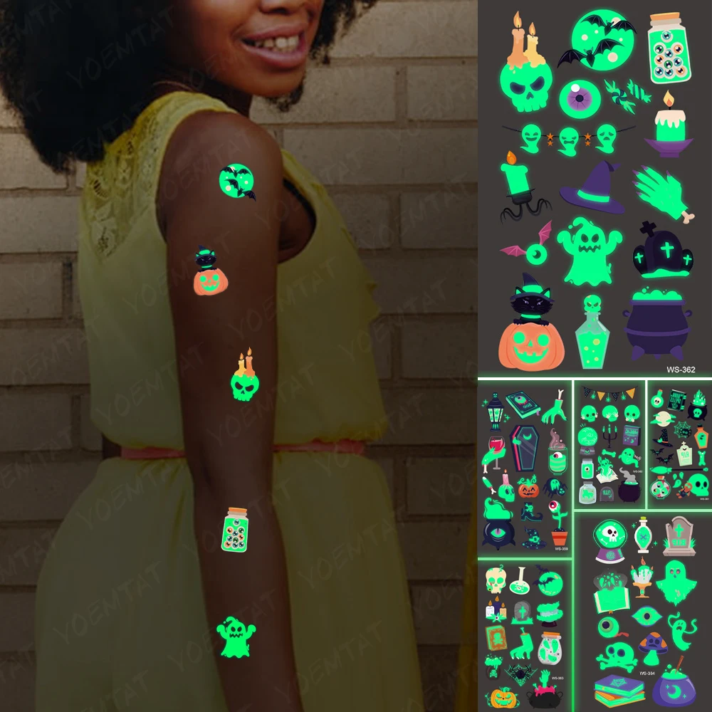 

Luminous Halloween Temporary Tattoo Stickers Waterproof Skull Pumpkin Head Ghost Tatoo Body Glowing Child Halloween Party Decor