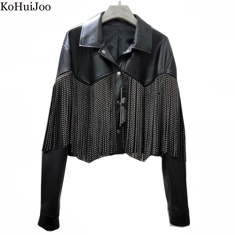 KoHuiJoo  Demi-season Jacket for Women Autumn New 2022 Heavy Tassels High Waist Short Motorcycle Leather Jackets PU Coat Black