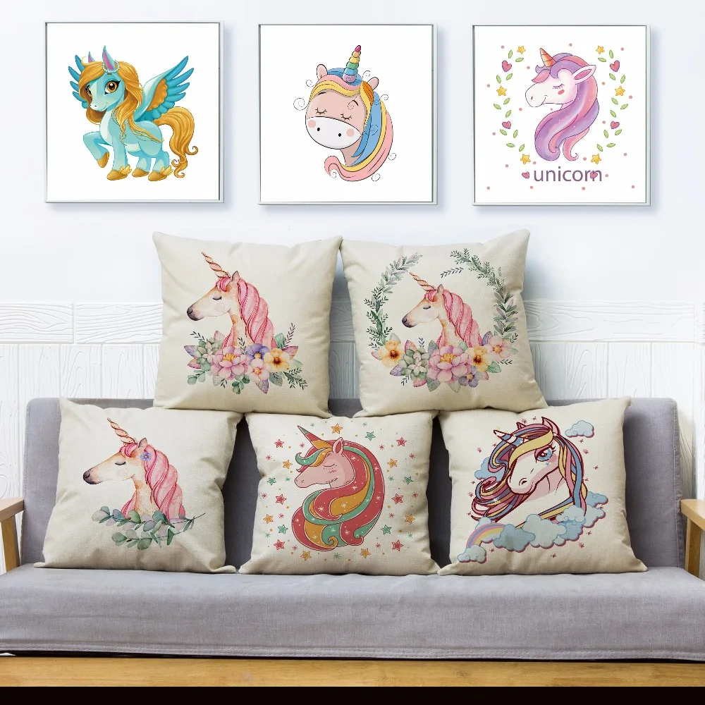 

Cute Pegasus Unicorn Print Throw Pillow Cover 45*45cm Square Cushion Covers Linen Pillows Cases Car Sofa Home Decor Pillow Case