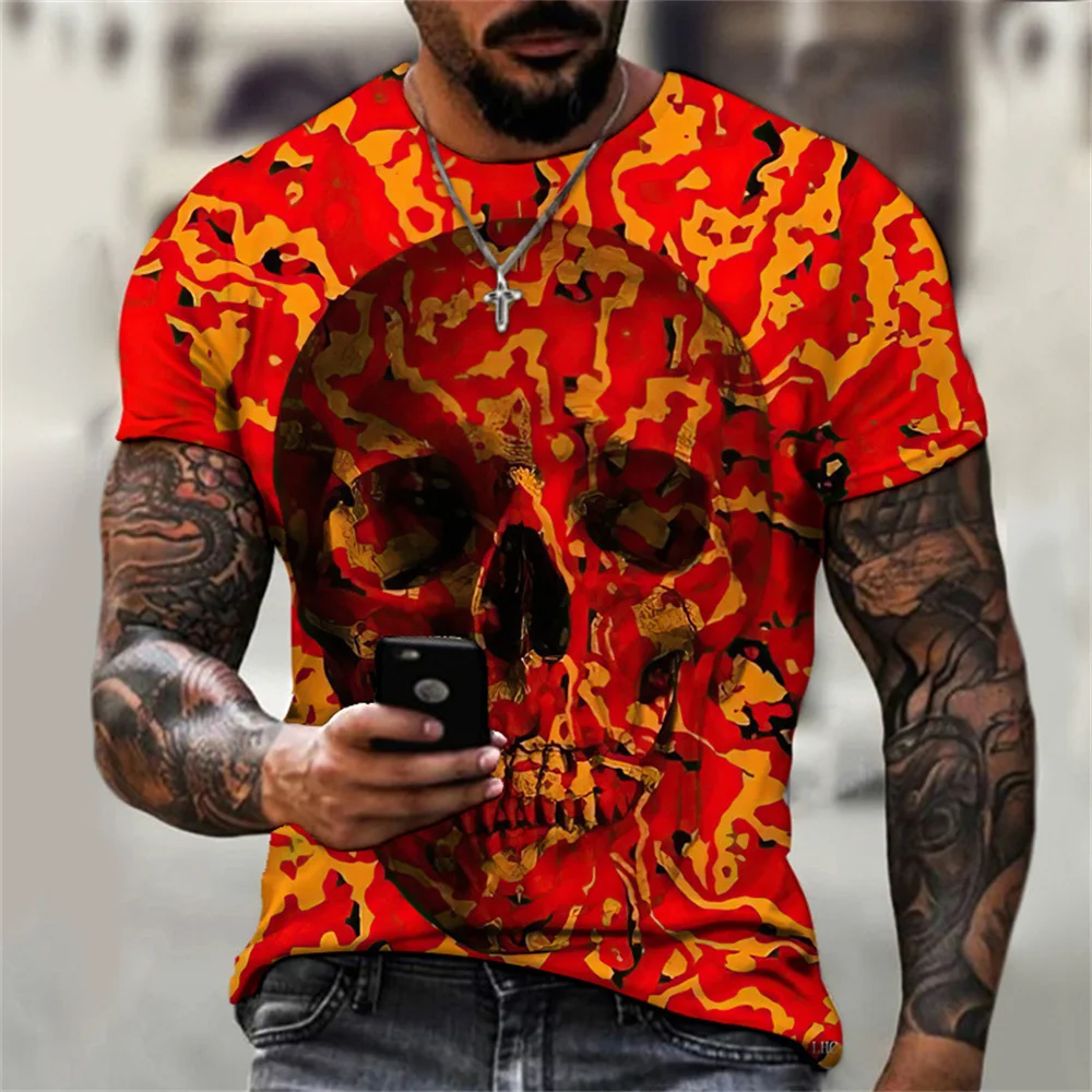 Summer Trend Cool and dazzling 3D Crossbones Pattern T Shirt For Men Crew Neck Loose Short Sleeve Fashion Leisure Style Clothing