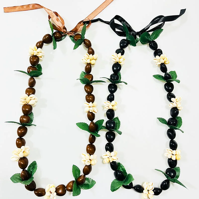 Hawaiian Kukui Nut Lei with Cowrie Shell Graduation Necklace Chunky Acrylic Lei for Men Women Luau Graduate Gift Aloha Wedding