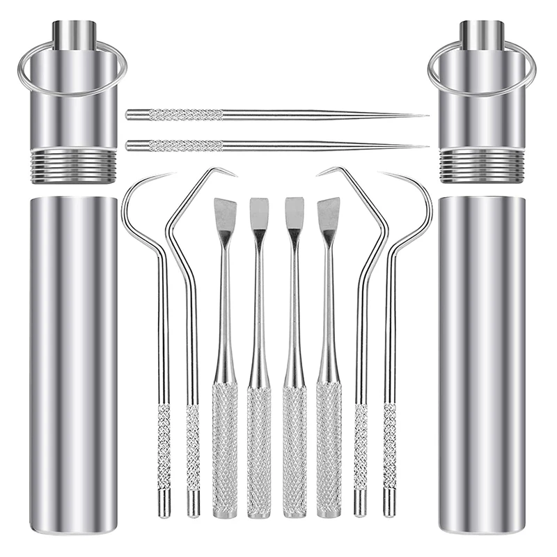 

Набор из 5 предметов из 2 портативных карманных зубочисток из нержавеющей стали, подходит для кемпинга на открытом воздухе и пикника
