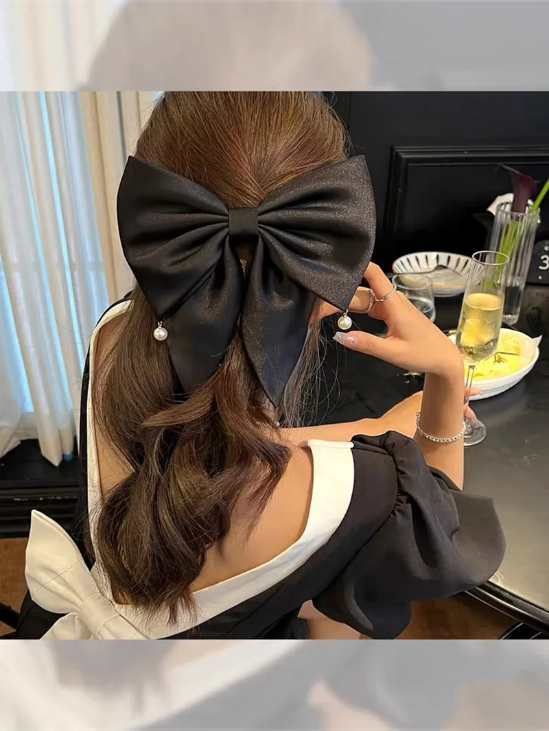 

High-quality Pearl Satin Barrette Bow Hairpin Female Back Headdress Simple Temperament Small Fragrance Ponytail Hair Accessories
