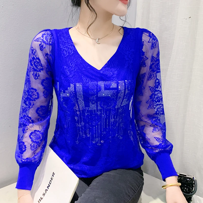 Женская Кружевная футболка с V-образным вырезом и длинным рукавом