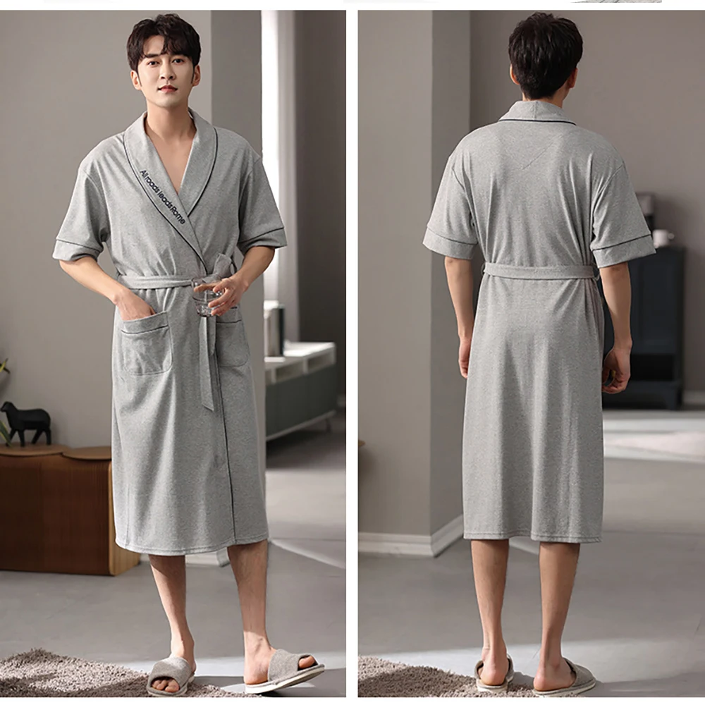 Spring Summer Men's Bathrobe Short Sleeve Sleepwear Cotton Robes for Men Luxury Plaid Kimono Plus Size Hotel Sauna Dressing Gown