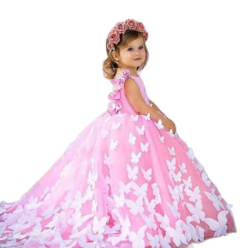 

Cute Flower Girl Dresses Jewel Neck Appliqued Beaded Feather Girl Pageant Gown Cascading Ruffle Sweep Train Custom Made Birthday