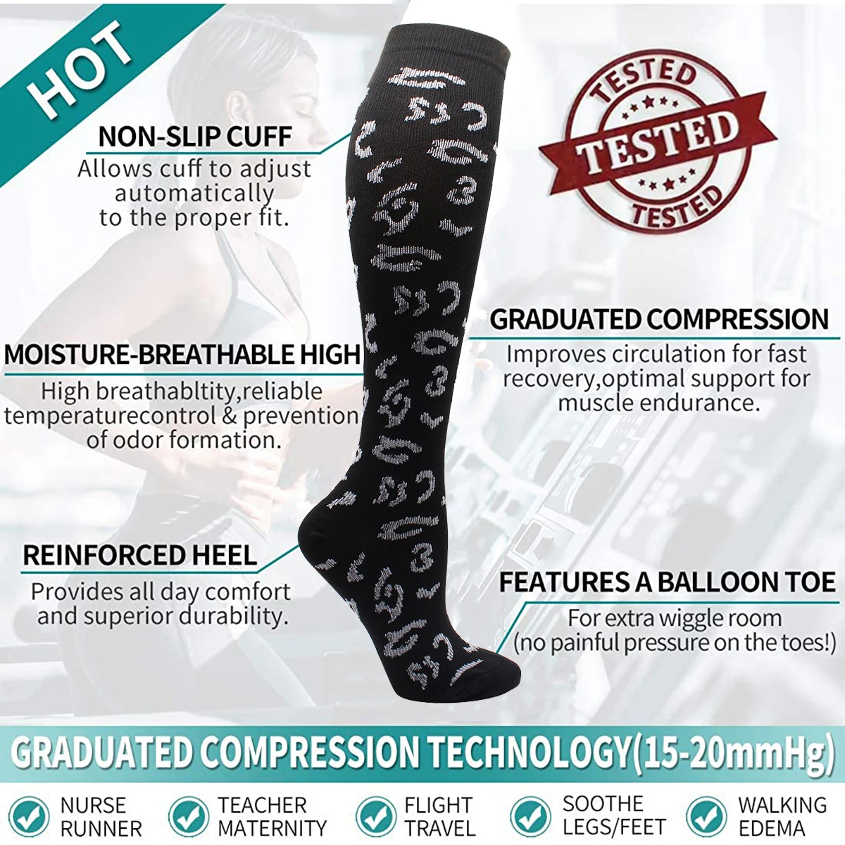 Men Women Nursing Compression Socks 15-20MmHg Flight Pregnancy Swollen Varicose Veins Marathon Cycling Hiking Running Socks Men