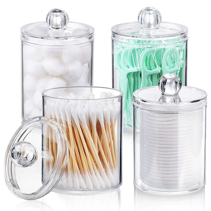 

4pcs Clear PS storage box for Cotton Ball, Cotton Swab, Cotton Round Pads, Floss 10oz Apothecary Jar for Vanity Makeup Organizer