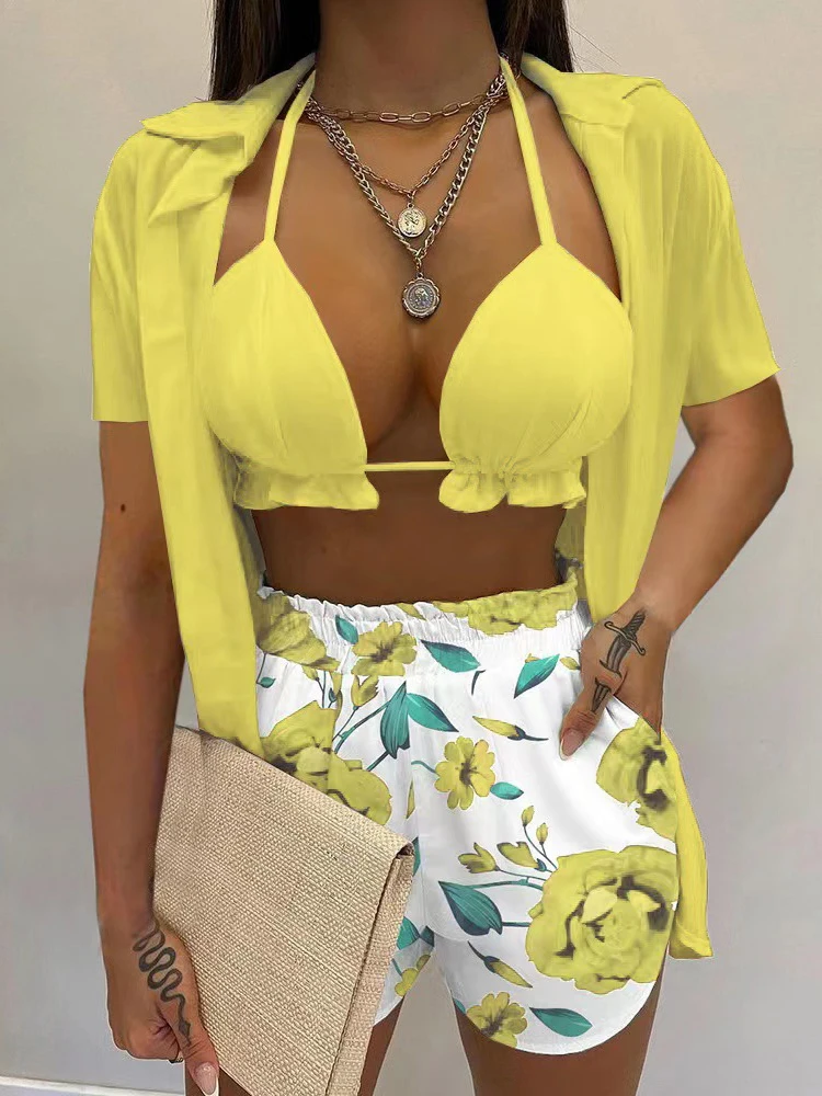 

Винтажный комплект из 3 предметов, летний праздничный наряд для отпуска, топ с бюстгальтером без косточек в богемном стиле + шорты с цветочны...