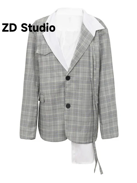 

[ZD Studio] Women Gray Plaid Size Casual Blazer New Lapel Long Sleeve Loose Fit Jacket Tide Spring Autumn 2023