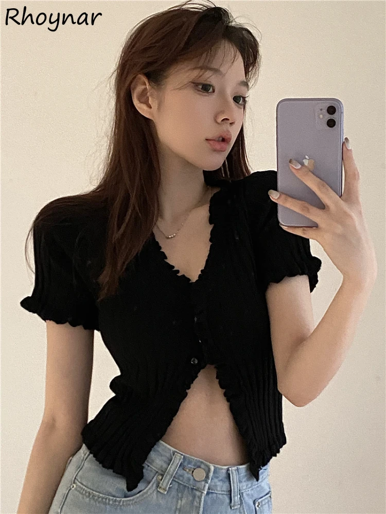 

Knitted V-neck Sexy T-shirts Women Summer Skinny Tops All-match Cute Design Y2k Harajuku Tender Korean Style Aesthetic Casual