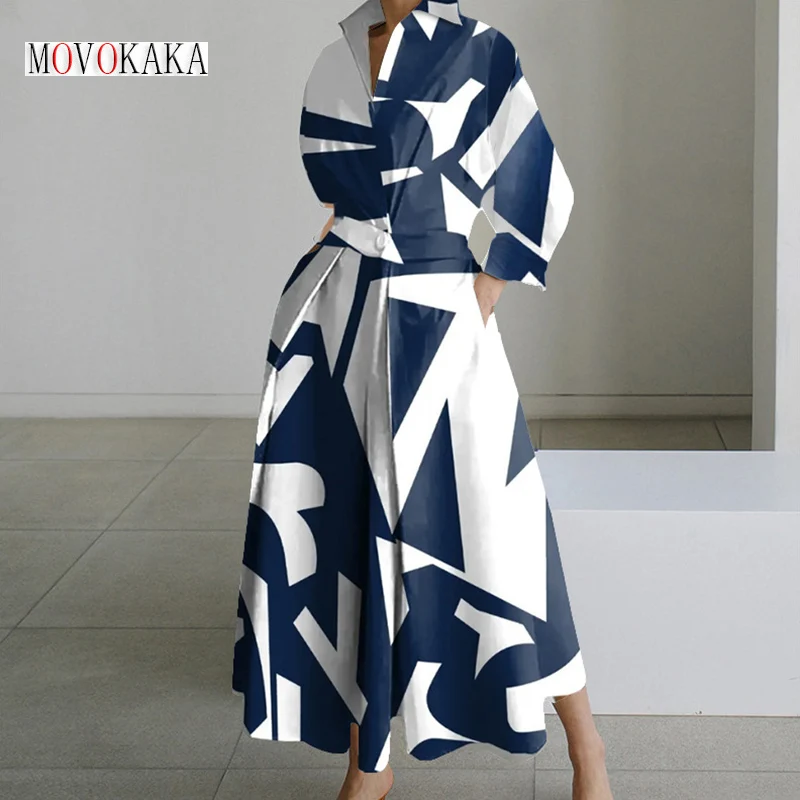 

MOVOKAKA Ladies Print White Long Dress V-neck Slim Long Sleeve Vestidos Female Elegant Office Lady Dresses Button Women's Dress