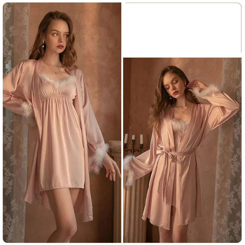 Women Sexy V-Neck Satin 2PCS Nighty Suit Plush Full Sleeve Robe Gown Tempt Mini Camisole Nightgown Fashion Sleepwear Nightwear
