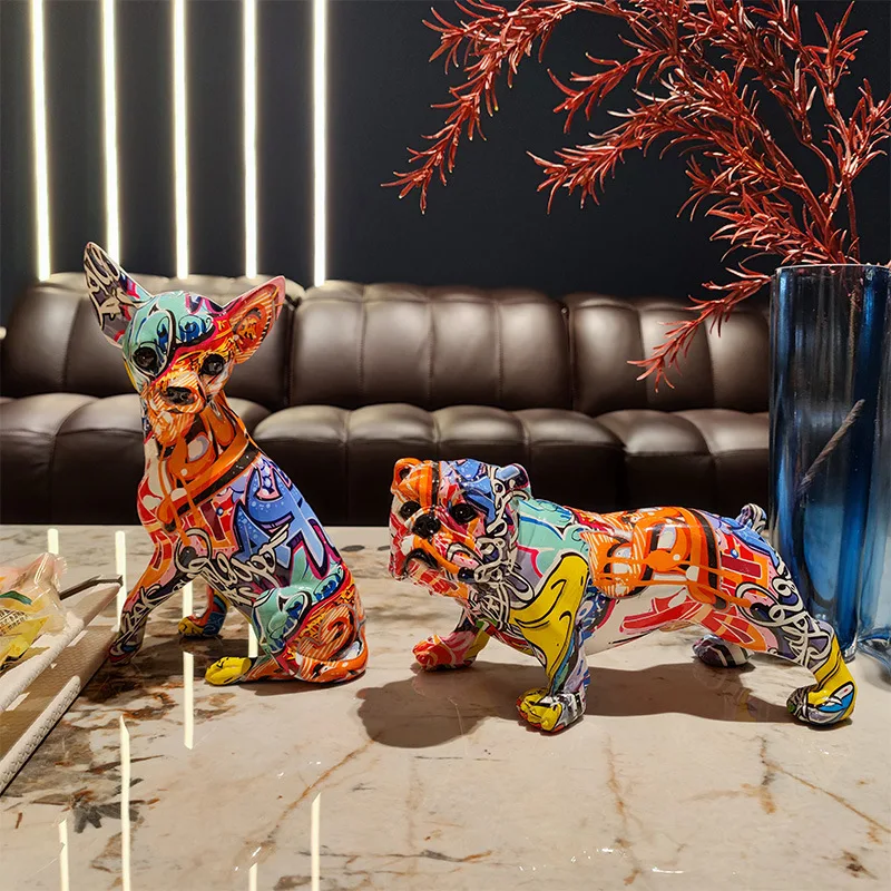

Creative Colorful Chihuahua Puppy Resin Crafts Living Room Entrance and Wine Cabinet Creative Bulldog Crafts Ornaments