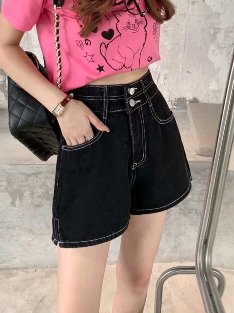 New Spring Summer Women High Waist Single Breasted Loose Denim Shorts Streetwear Female Wide Leg Jeans Shorts Bottoms