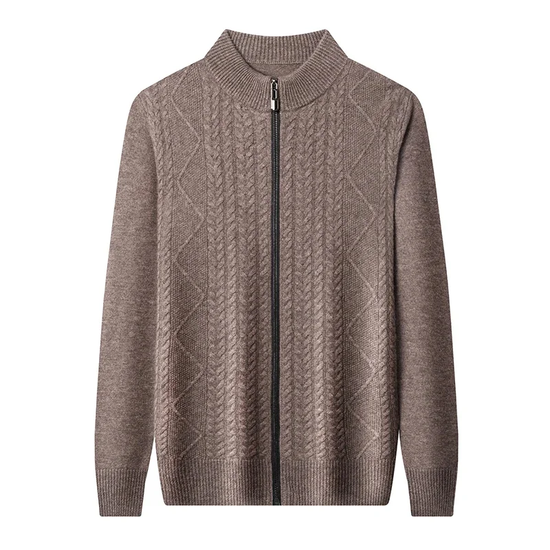 Мужской шерстяной свободный свитер кардиган на молнии средней высоты из 100%