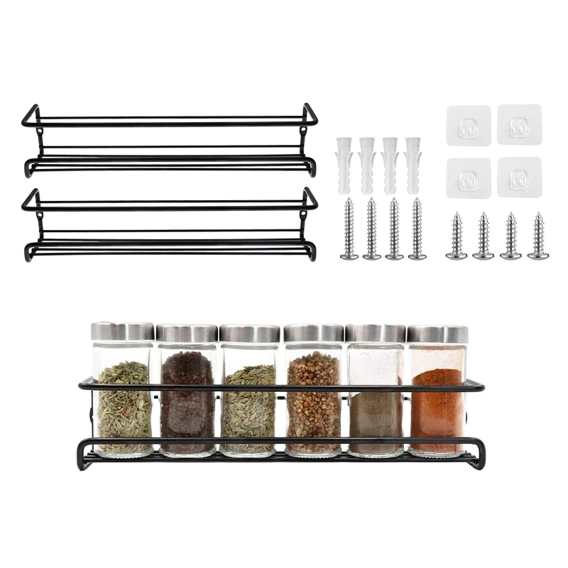 

Wall Mounted Spice Bottle Storage Rack Set Punch Free Metal Seasoning Holder for Home Kitchen Salt Sugar Pepper Jar Hanging