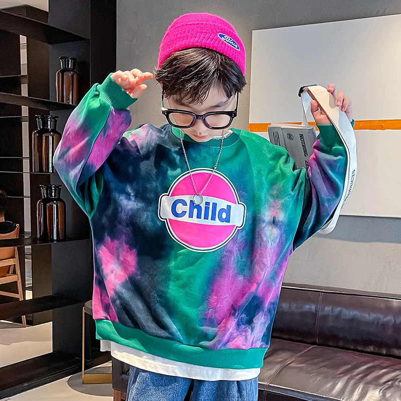 

2022 New Tie Dye Kids Boys Harajuku Sweatshirt Cotton Teenage Graffiti Print Sport Top Cool Children Long Sleeve Casual Clothes