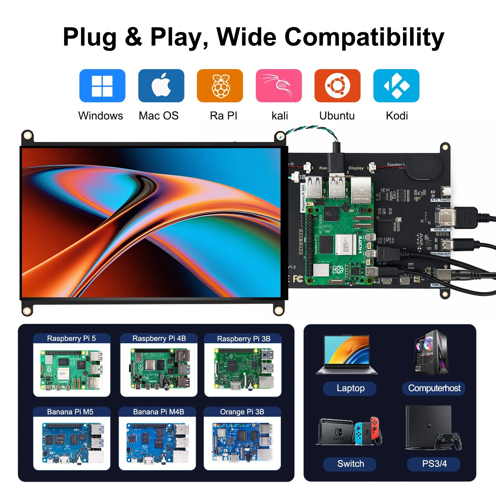 Фото 8-дюймовый сенсорный IPS-монитор с экраном 1280×800 для Raspberry Pi 5/4/3, встроенные динамики, HDMI Type-C №3