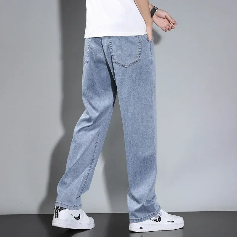 Летние тонкие мужские прямые свободные серые джинсы из мягкой ткани Lyocell ткань