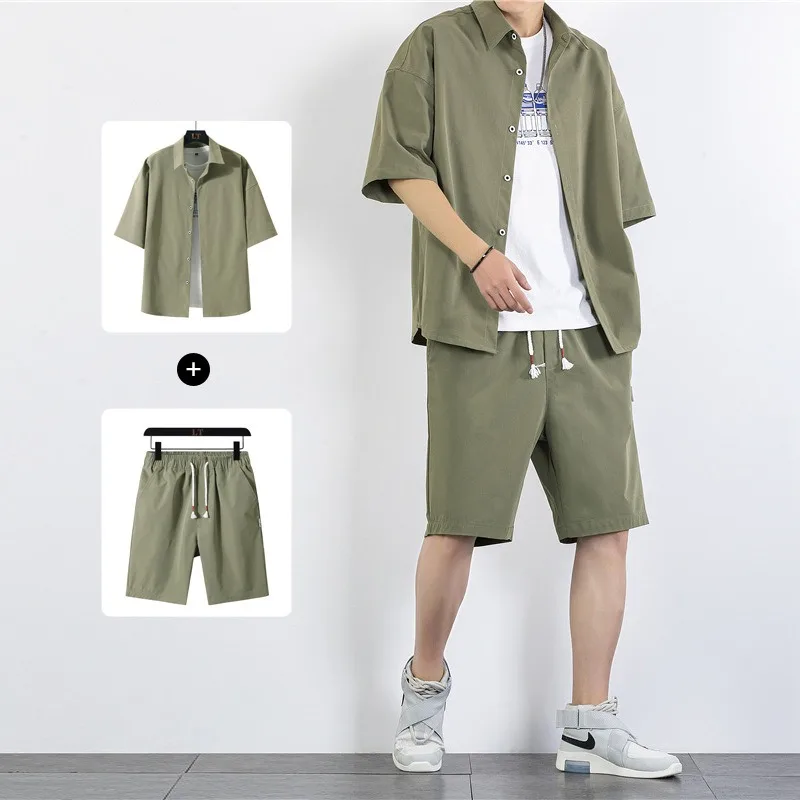 

2023 Summer New Short Sleeve Shirt Set Harajuku Solid Color Shirt + Short Two-piece Casual Male Shirts Tracksuit Streetwear Suit