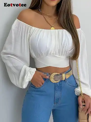 Y2k Crop Tops for Women Blouse Off Shoulder Lantern Long Sleeve Lace Up Waist Ladies White Sexy Club Streetwear Short Shirt