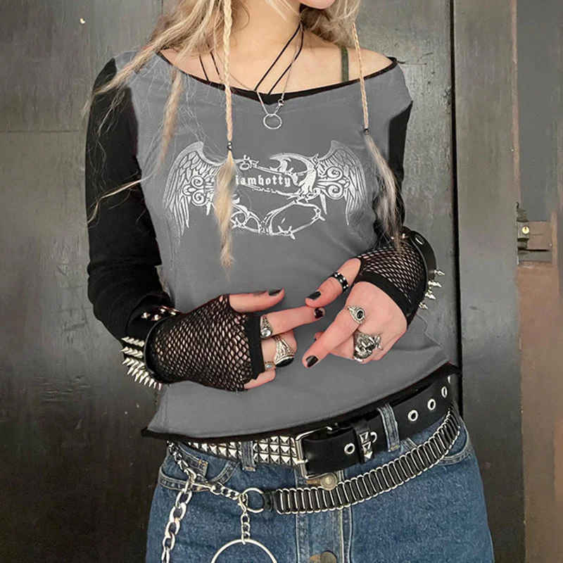 

2022 y2k T-Shirts Women Graphic Print Long Sleeve Tops E Girl Tees Gothic Dark Academia Grunge Clothes 90s Clothes Streetwear