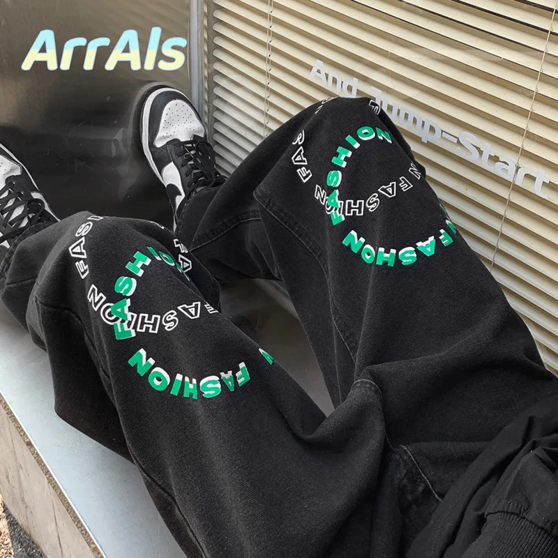 Blue Black Baggy Jeans Men Fashion Letter Print Casual Straight Jeans Mens Streetwear Harajuku Loose Hip Hop Denim Pants Men