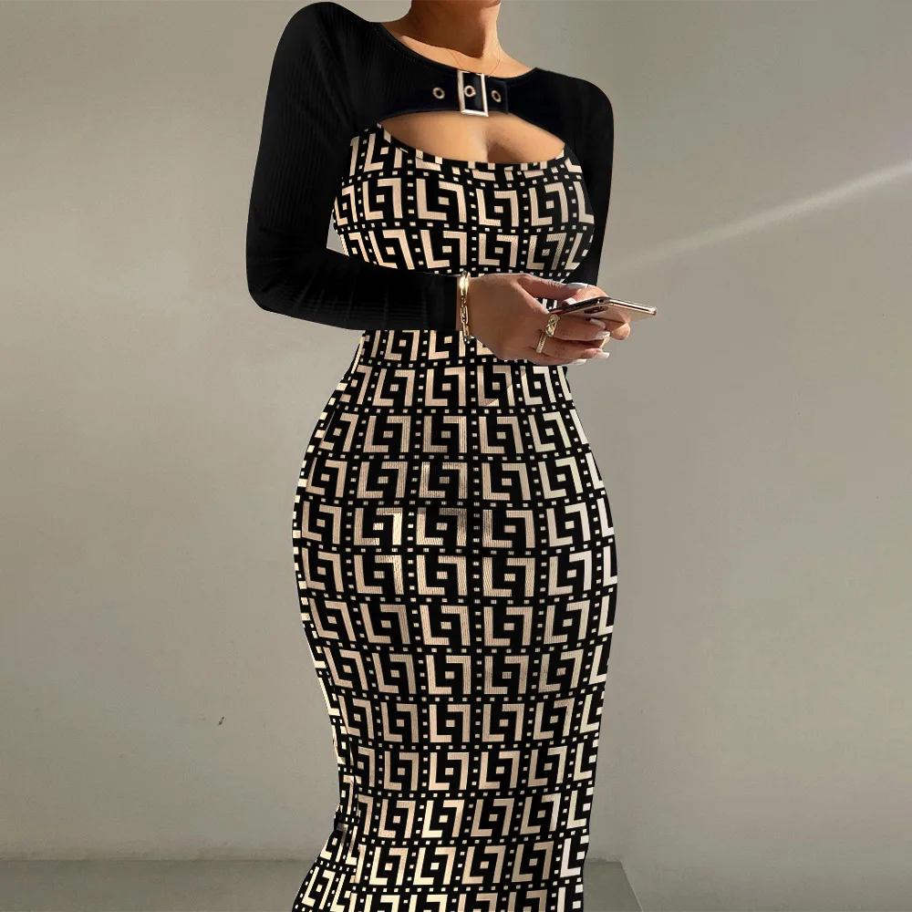 

Новинка, женское контрастное платье с имитацией двух звеньев, Привлекательное Женское платье с длинным рукавом, модное платье средней длин...