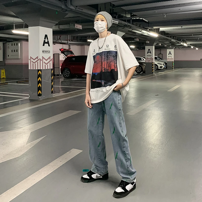 Men Street Dance Wide Legs Baggy Jeans Korean Version  Fashion Green Loose Denim Pants Male Rap Hip Hop Jeans Plus Size S-3XL