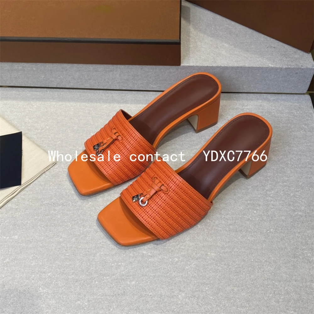 Women's mule metal lock babouche European and American style summer new walking suede calf leather slippers High Heels Sandals