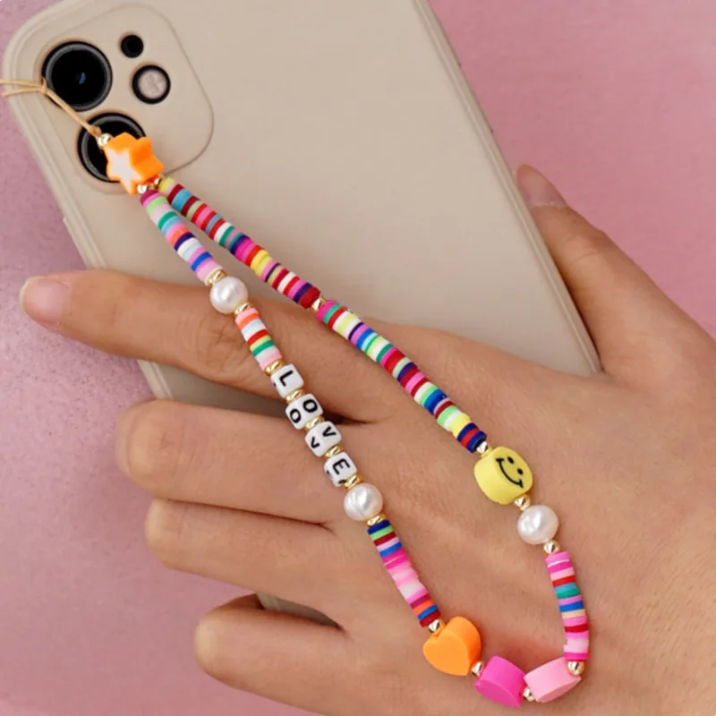 ZOSHI Girls Mobile Phone Strap Lanyard Soft Pottery Love Letter Beads Rope for Cell Phone Case Hanging Chains String Wristband