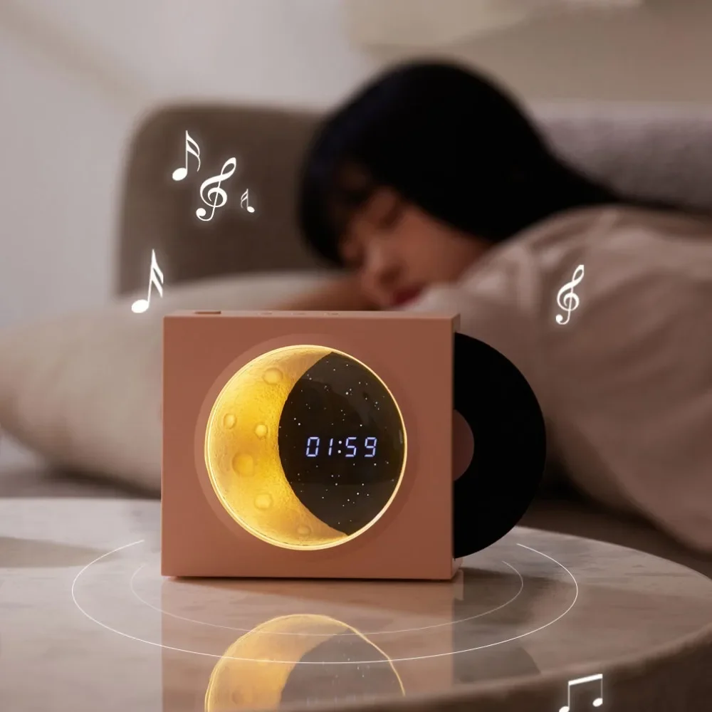 ładującym zegarem księżycowym Gwiaździste niebo Lampka nocna Retro Czarny klej Odtwarzacz rekordów Głośnik Bluetooth Muzyka Audio Vintage