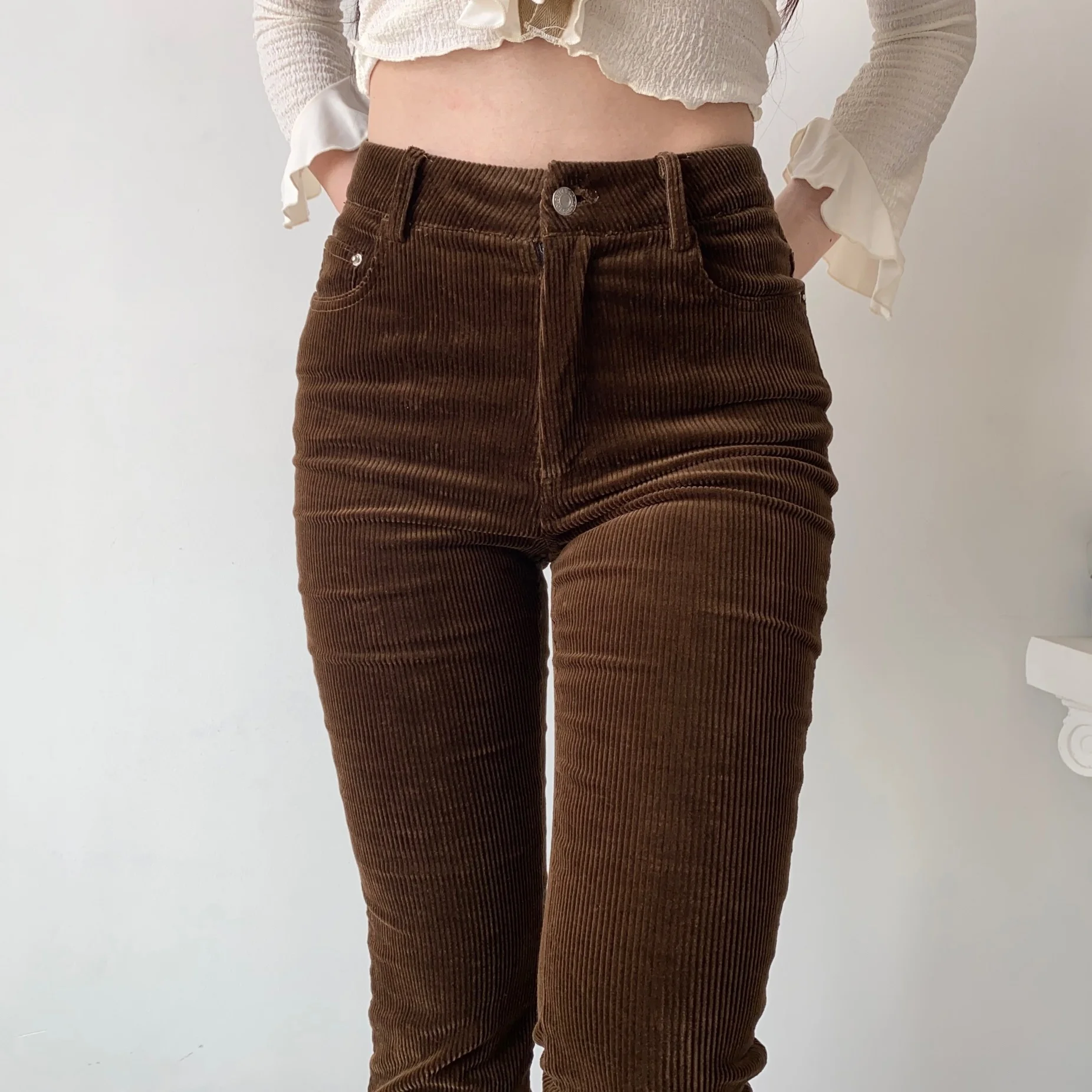 

Женские брюки с высокой талией, облегающие вельветовые прямые повседневные брюки, микро расклешенные брюки, женские брюки Nuyoah