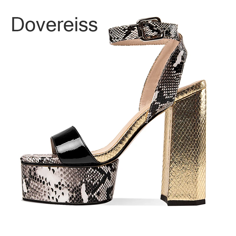 

2022 Summer Genuine Leather Platform Block Heels Women Buckle Sandals Snakeskin Square Toe Waterproof Ladies Shoes Party Shoes