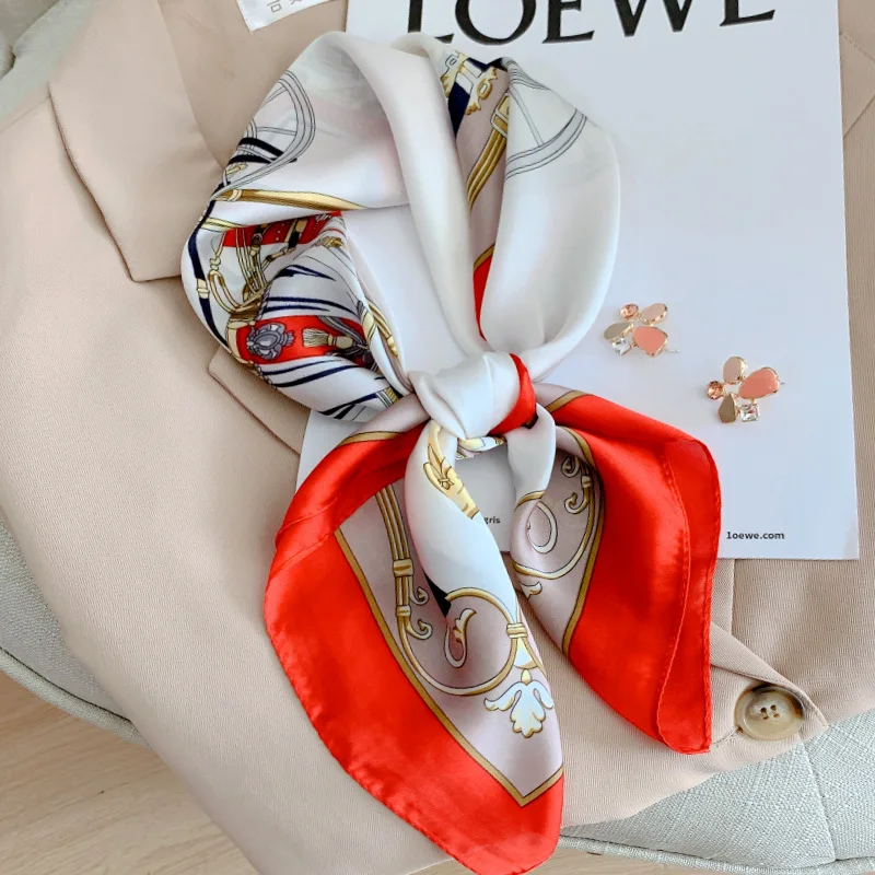

2022 Luxury Silk Satin Square Scarf Women Print 70cm Spring Shawl Wrap Neck Tie Female Hair Hand Wirst Foulard Bandana Hijab