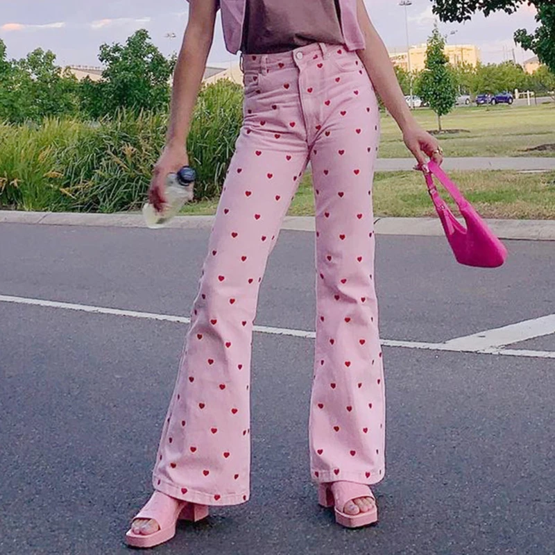 

Sweet Heart Print Pink Trousers Spring Women Fashion All-match High Waisted Bell Bottom Pants Femme Casual Loose Wide Leg Pants
