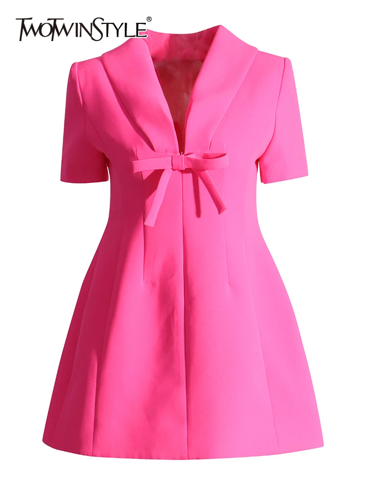 

TWOTWINSTYLE Solid Spliced Bow Dresses For Women Round Neck Short Sleeve High Waist Backless Summer Mini Dress Female Fashion