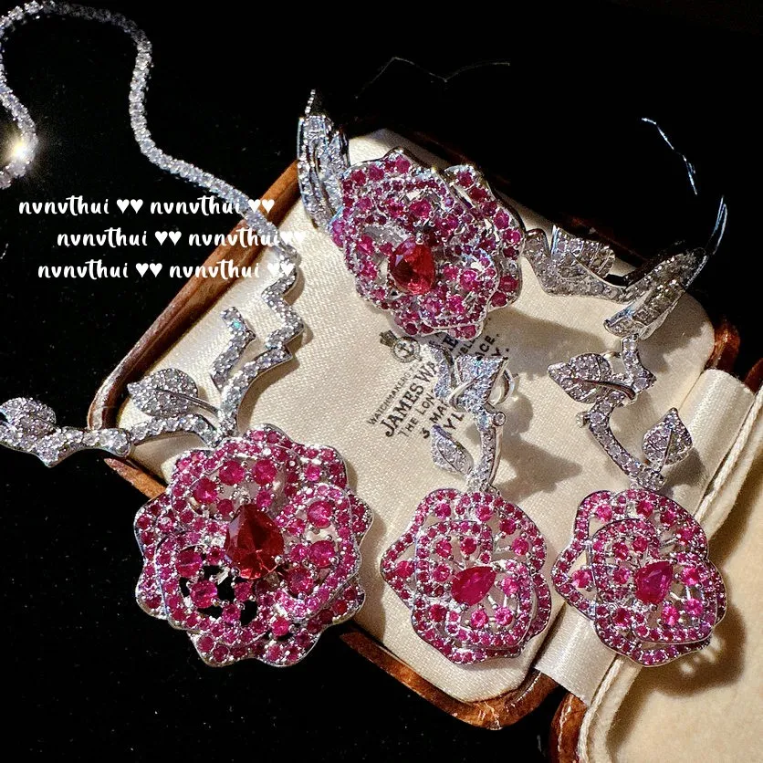 

Elegant Rose Flower Jewelry Set Women's Luxury 18K White Gold Plated Shiny CZ Charms Wedding Bridal Earring/Necklace/Bracelet