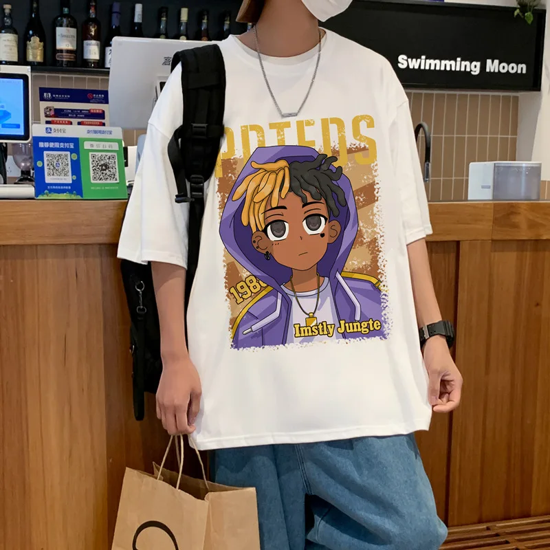 

Футболка мужская оверсайз с графическим рисунком, Повседневная Уличная одежда с короткими рукавами и мультипликационным принтом аниме, яп...