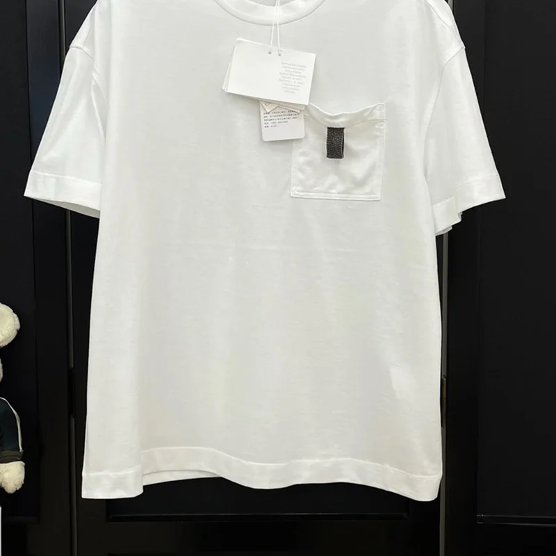 

23 Summer Runway O-neck Silk Blend T-shirts Women Fashion Casual Solid Short Sleeve Beading Pocket Comfort Tees Tops Streetwear