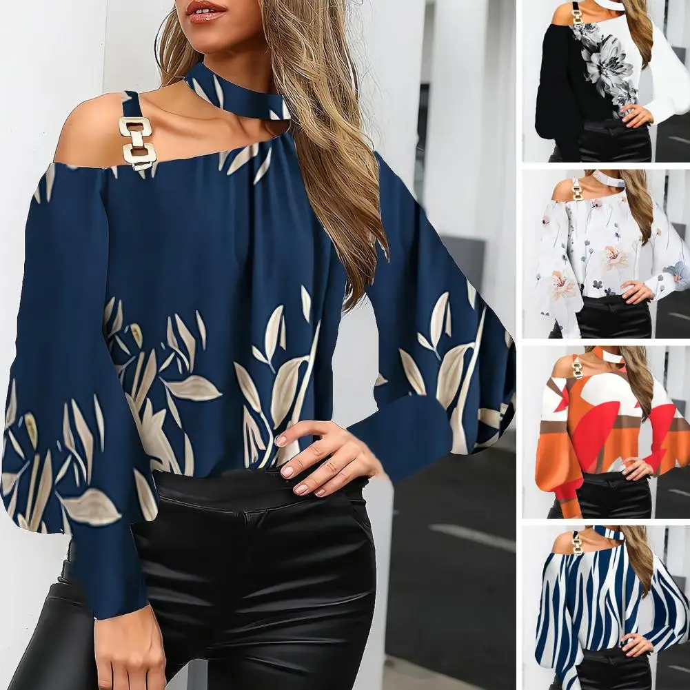 

Printed Women Shirts Floral Geometric Print Tops Stylish Off-shoulder Shirts with Metal Buckle Detailing Loose Fit Long for Sexy