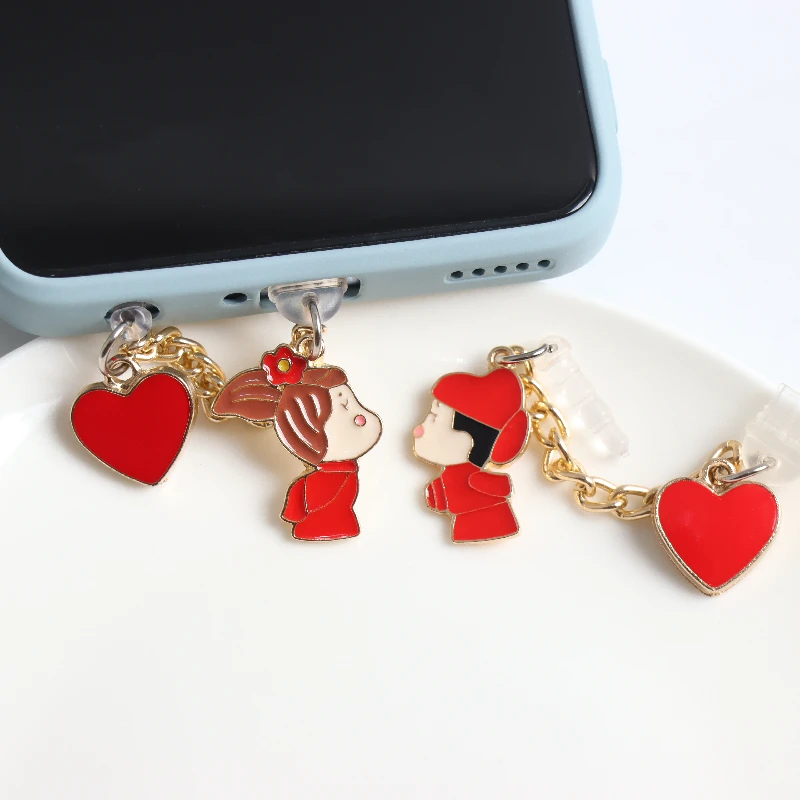 

Couple Dust Plug Charm Kawaii Charge Port Plug For iPhone Phone Anti Dust Cap Cute Bride And Groom Dust Protection Stopper