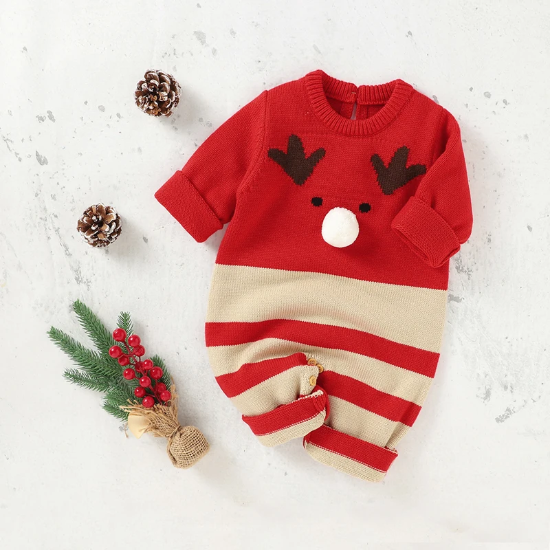 

Pudcoco 0-18M Rompers Baby Christmas Cartoon Deer Overalls Striped Infant Kids Boys Girls Autumn Winter Warm Knitwear