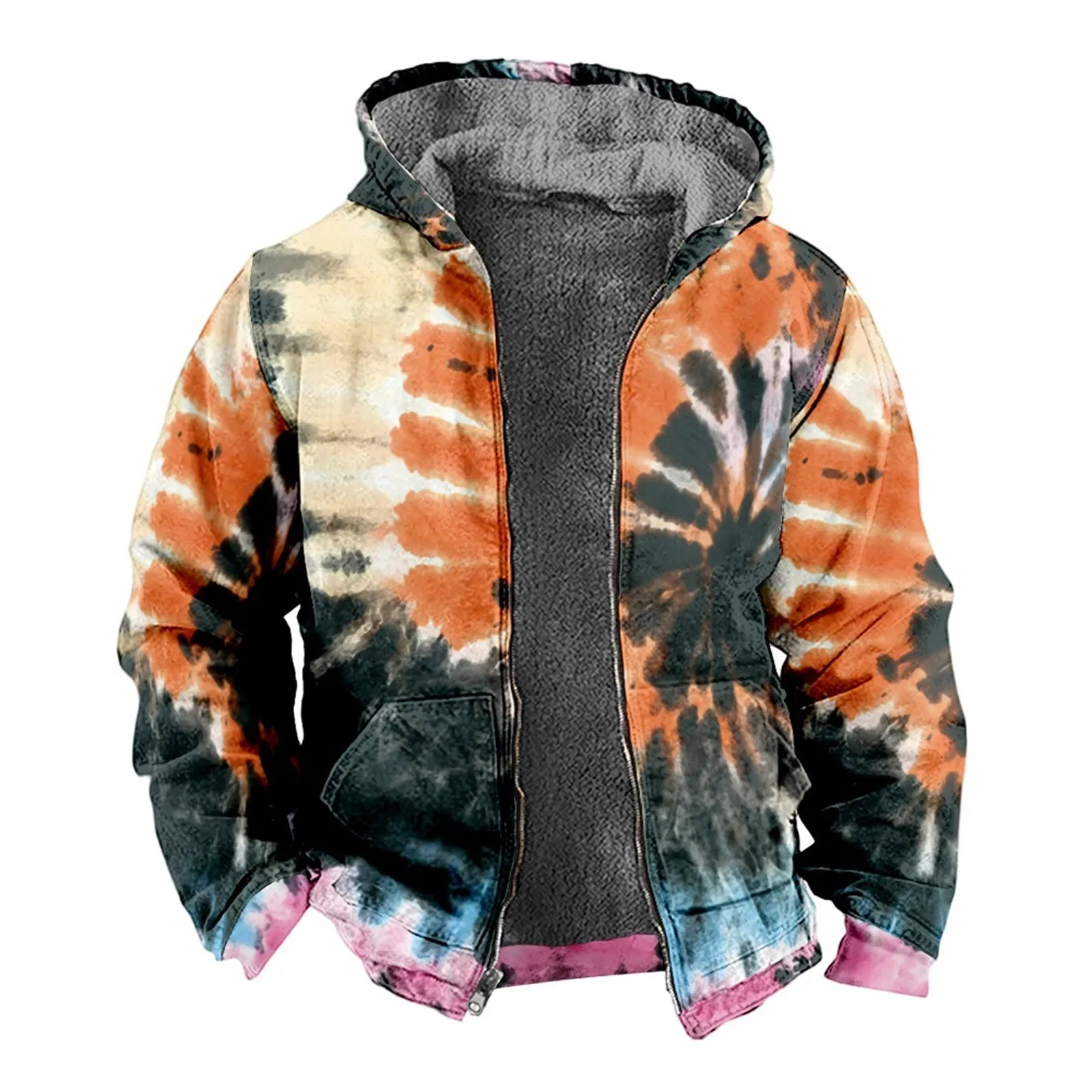 

Утепленные мужские куртки на осень и зиму, мужские толстые флисовые пальто на молнии с капюшоном и принтом тай-дай, термокуртки, свитшоты